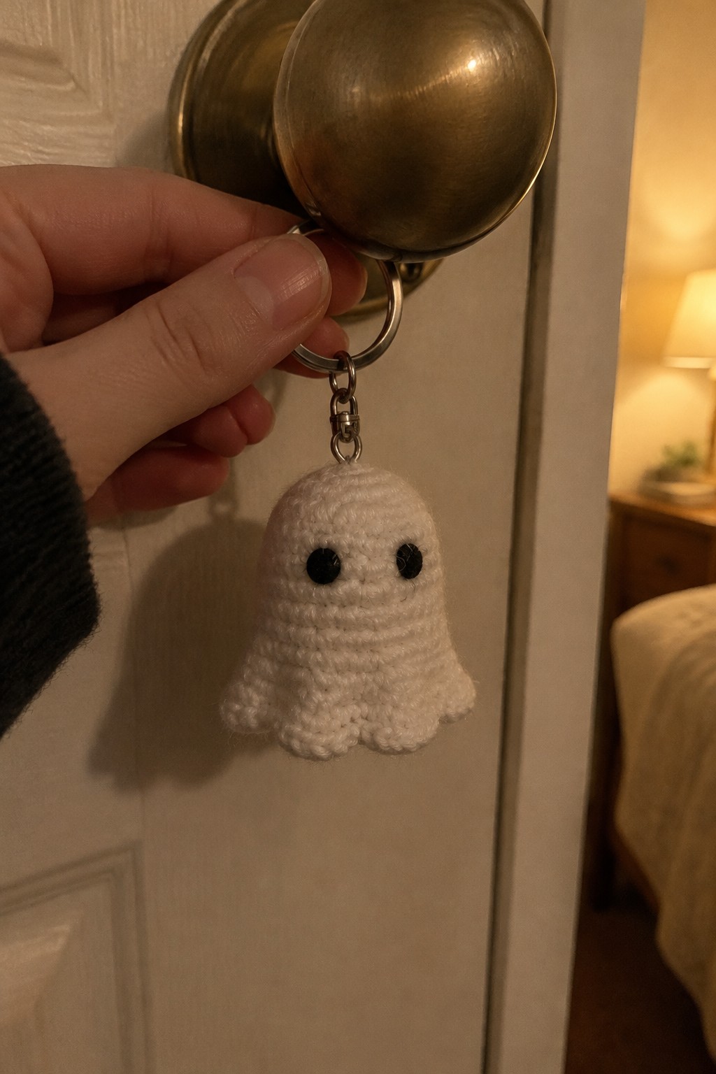 Hand holding crocheted white ghost keychain on brass doorknob near bedroom