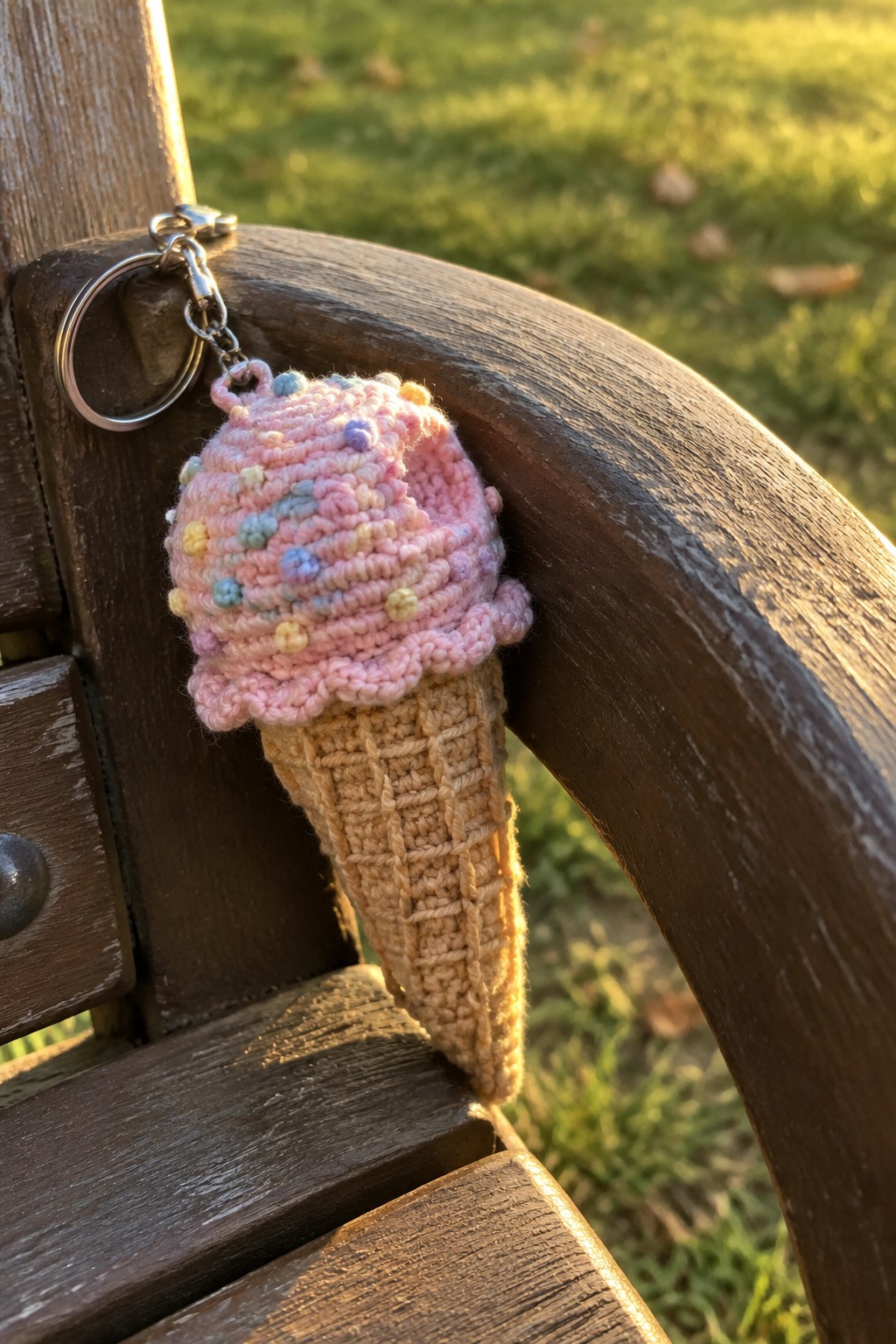 Crocheted pink ice cream cone keychain with sprinkles on wooden bench armrest