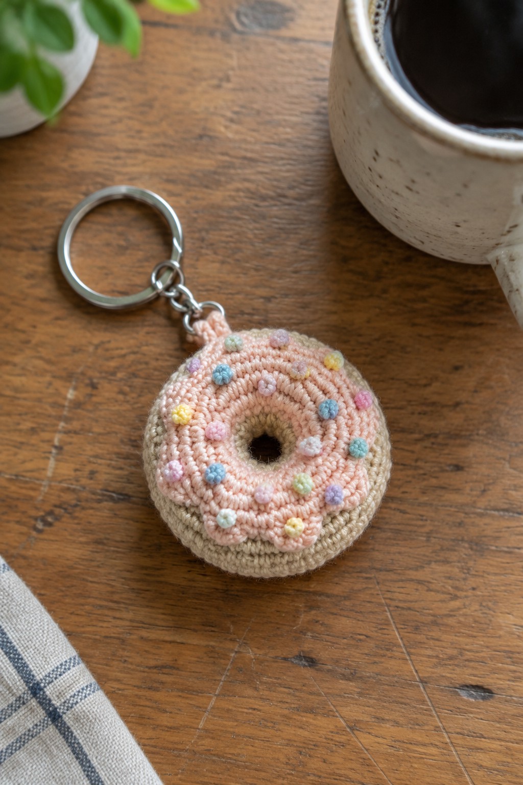 Pink crocheted donut keychain with pastel sprinkles beside coffee mug on wood