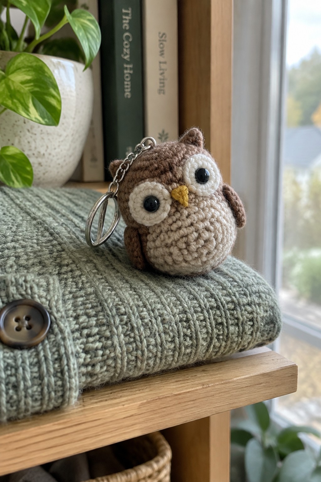 Crocheted owl keychain on green knit sweater atop wooden shelf with books