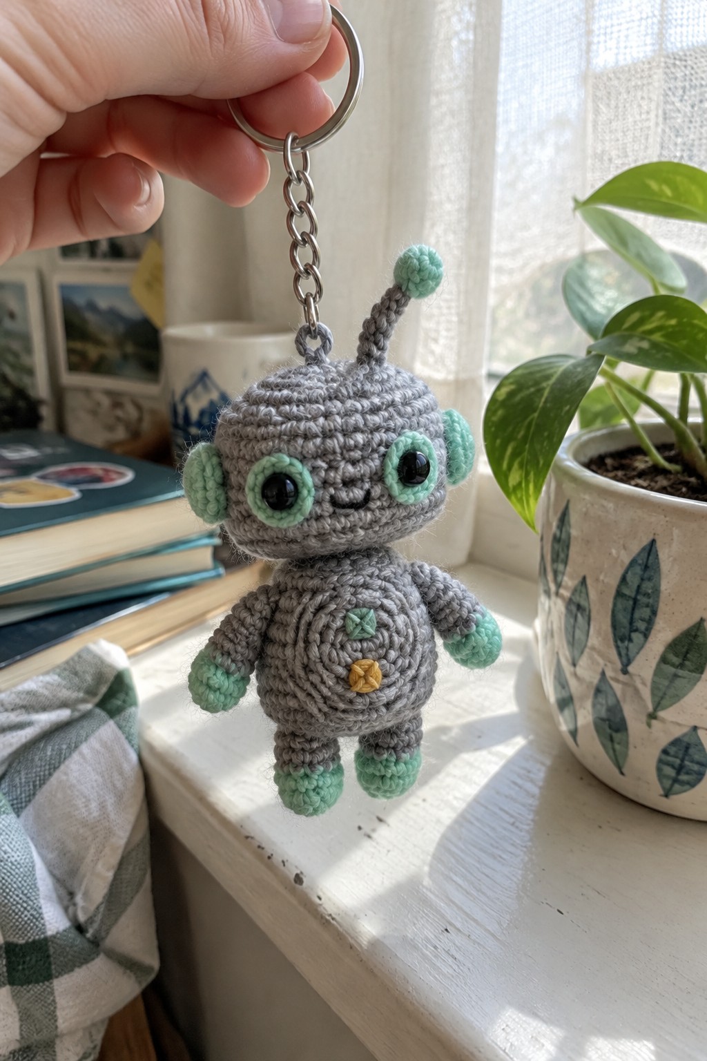 Hand holding gray crocheted robot keychain with mint green accents by potted plant