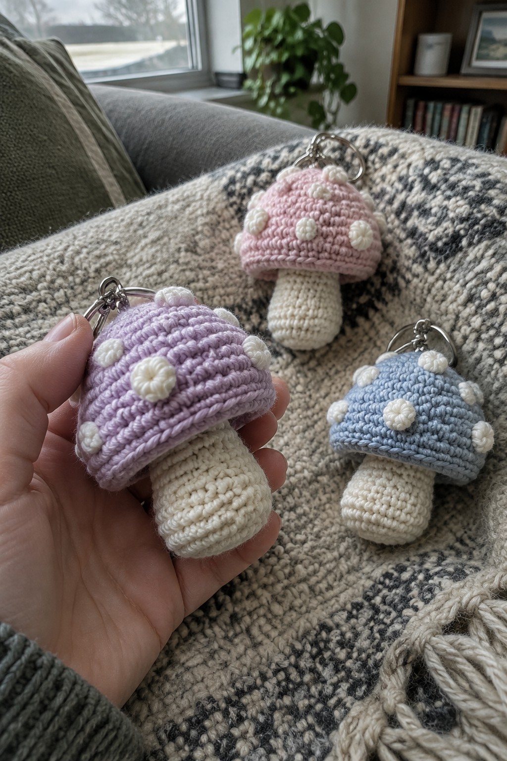 Hand holding purple crocheted mushroom keychain near pink and blue ones on blanket