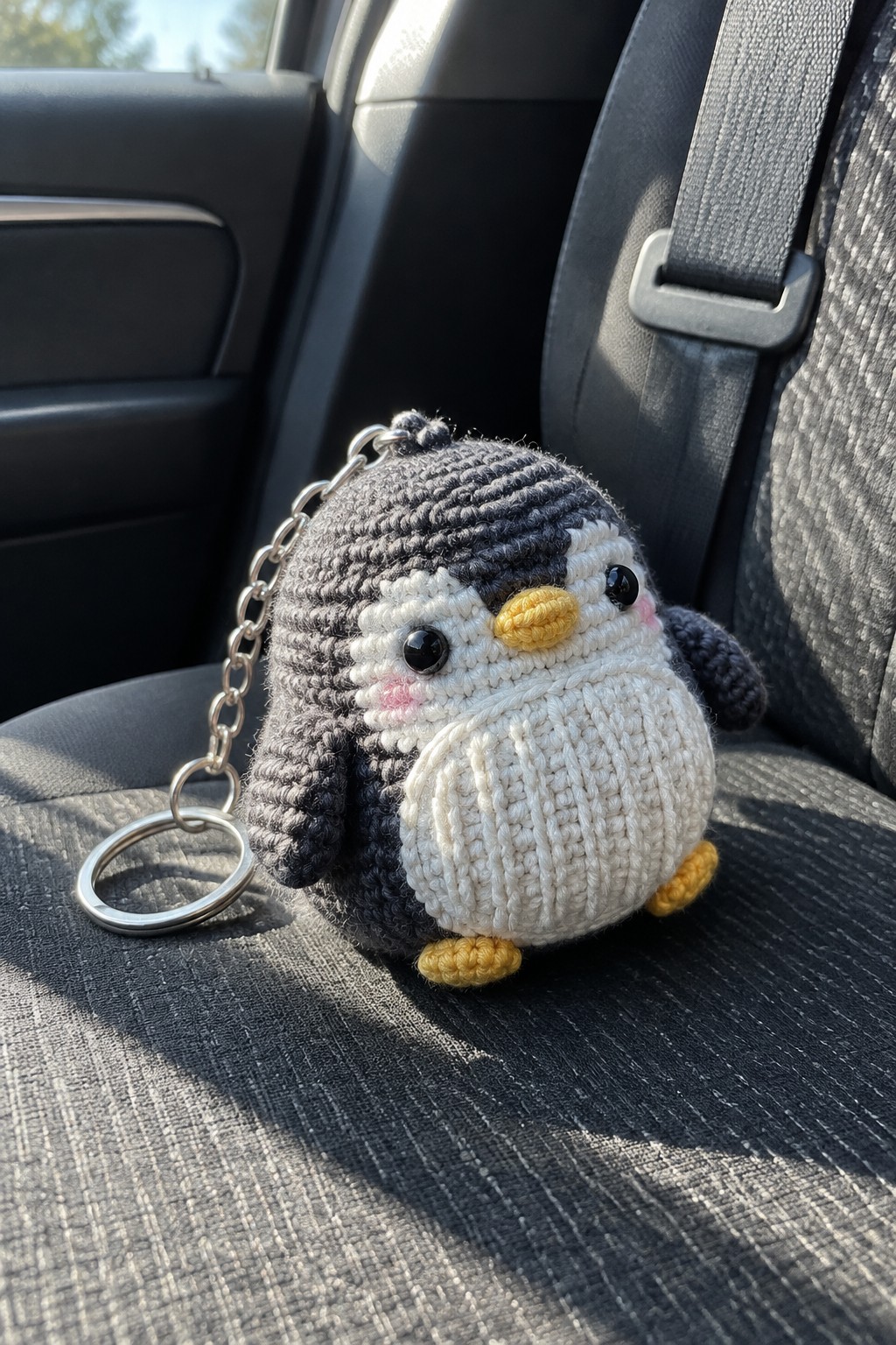 Crocheted penguin keychain with gray body and yellow beak on car seat