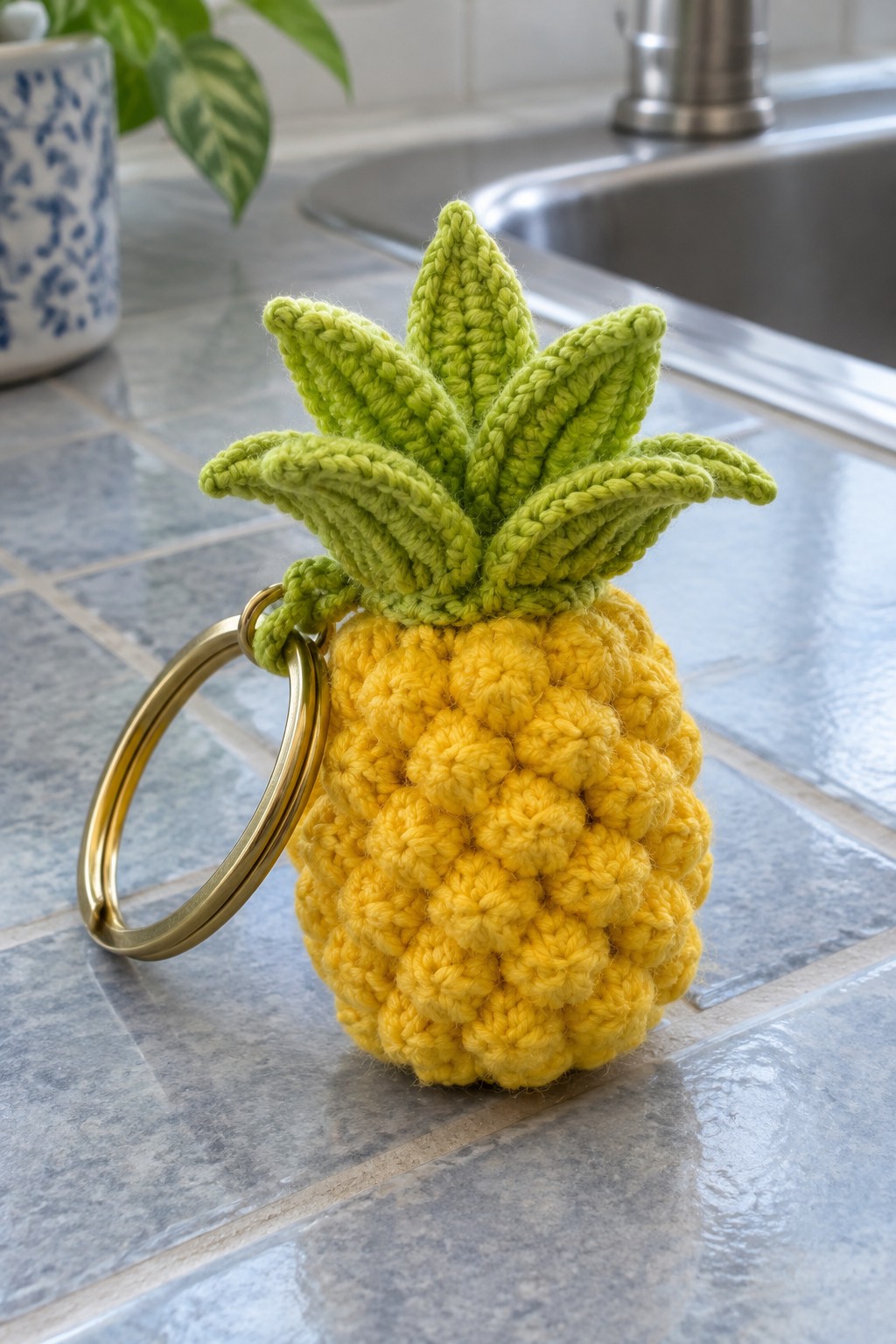 Yellow crocheted pineapple keychain with green leaves on tiled kitchen counter.