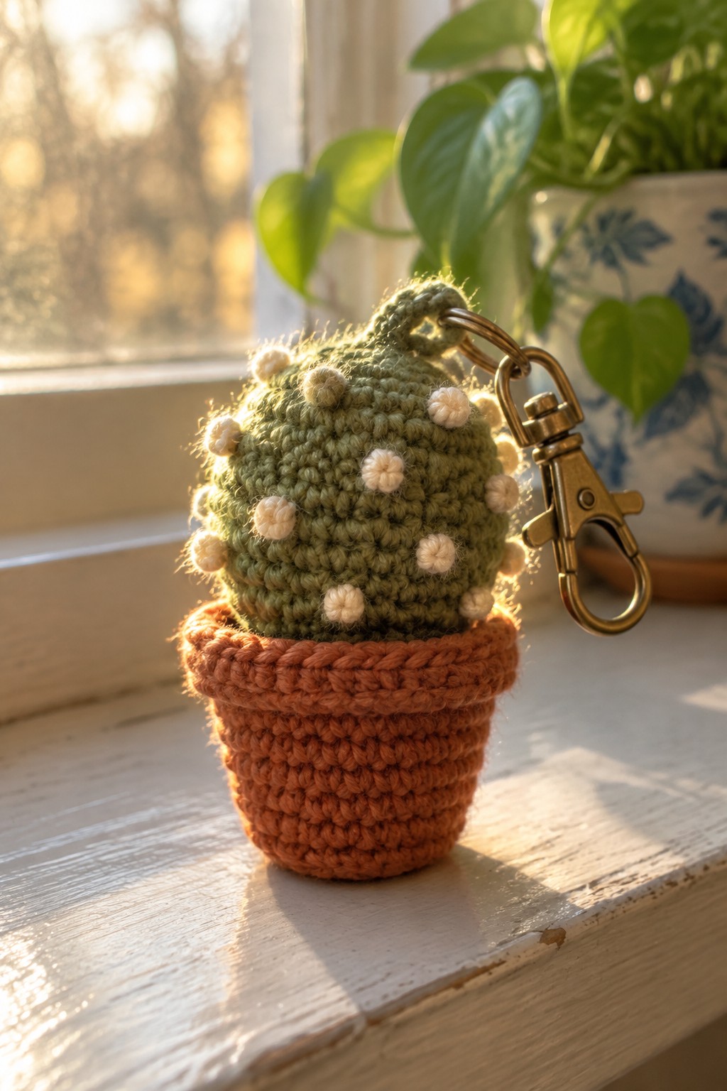 Crocheted green cactus keychain with white dots in orange pot on sunny windowsill