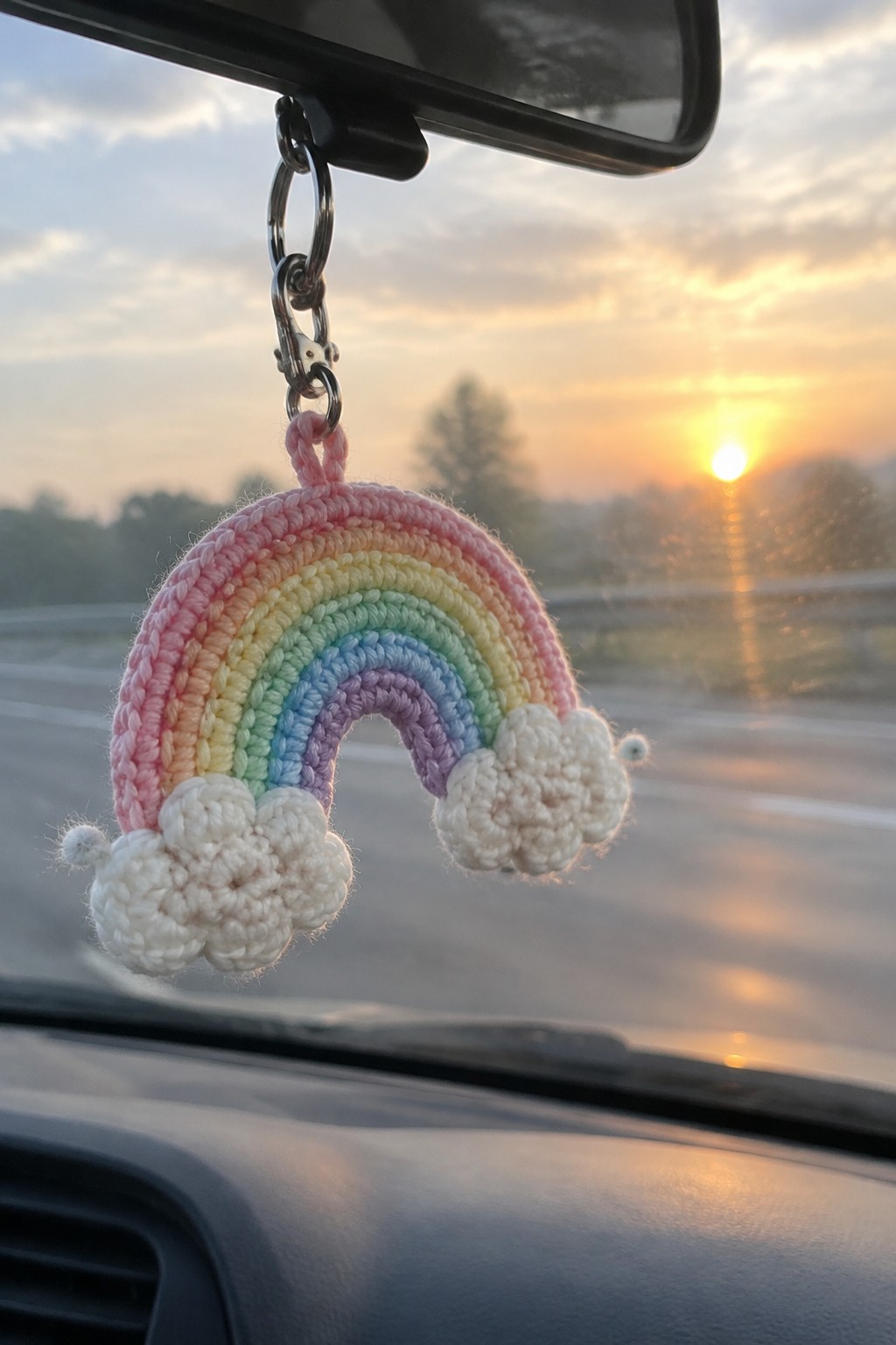 Crocheted rainbow keychain with white clouds dangling from car rearview mirror at sunset