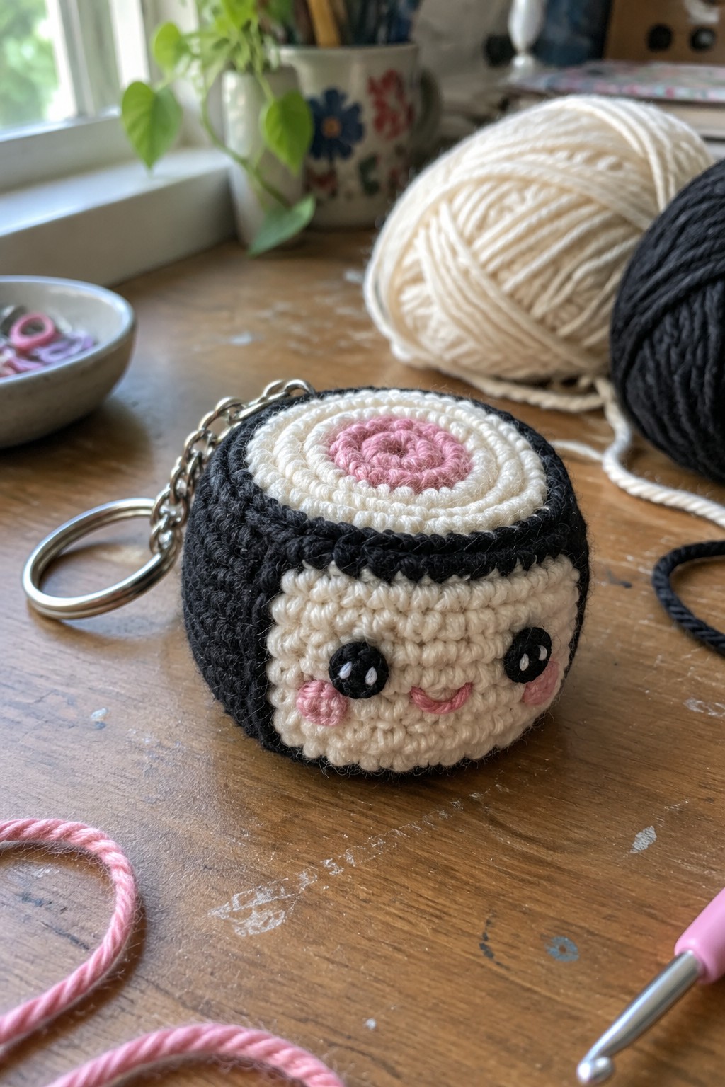 Crocheted sushi roll keychain with kawaii face on wooden table with yarn and hook