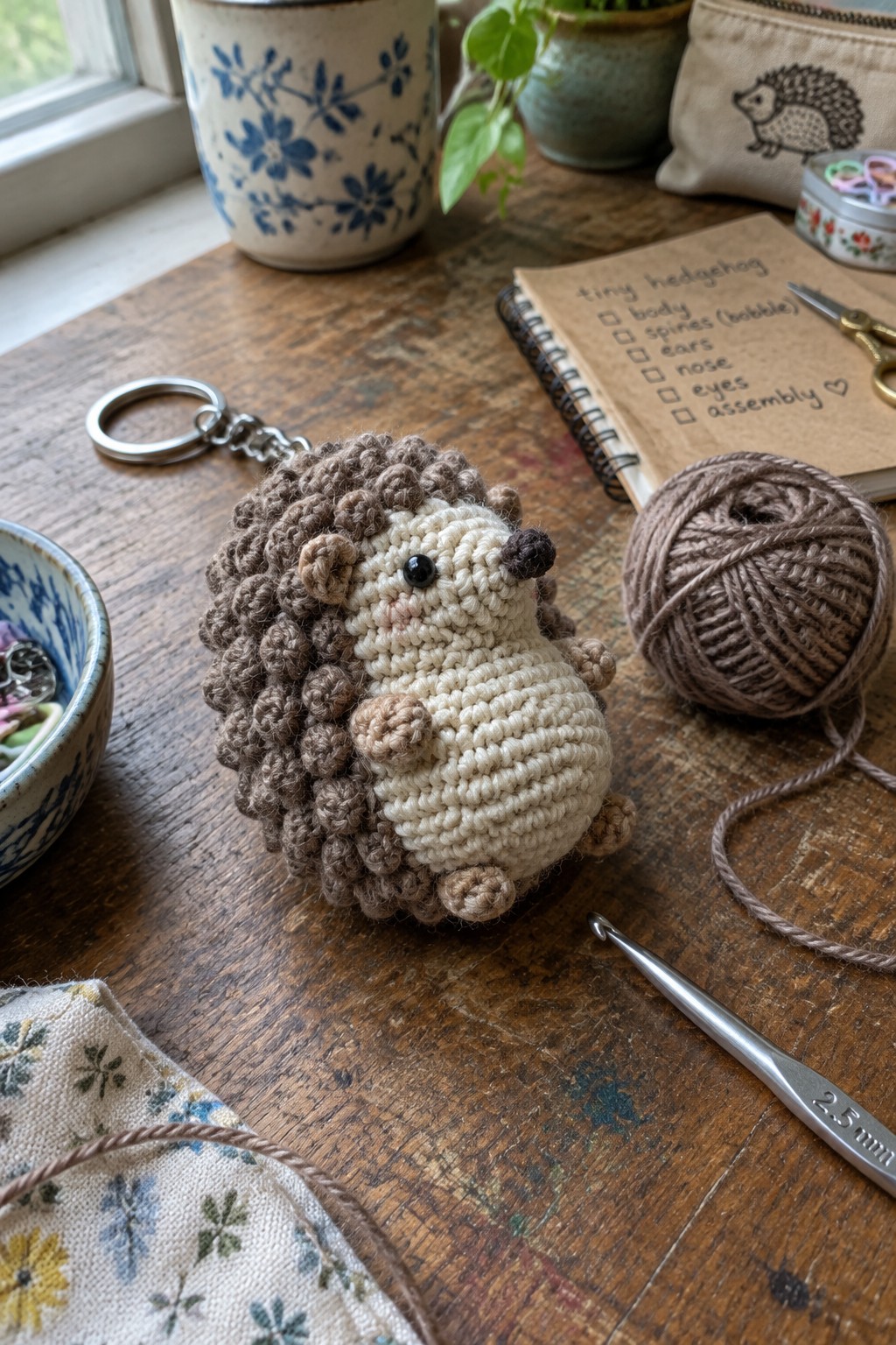Crocheted hedgehog keychain on wooden table with yarn, hook, and checklist notebook
