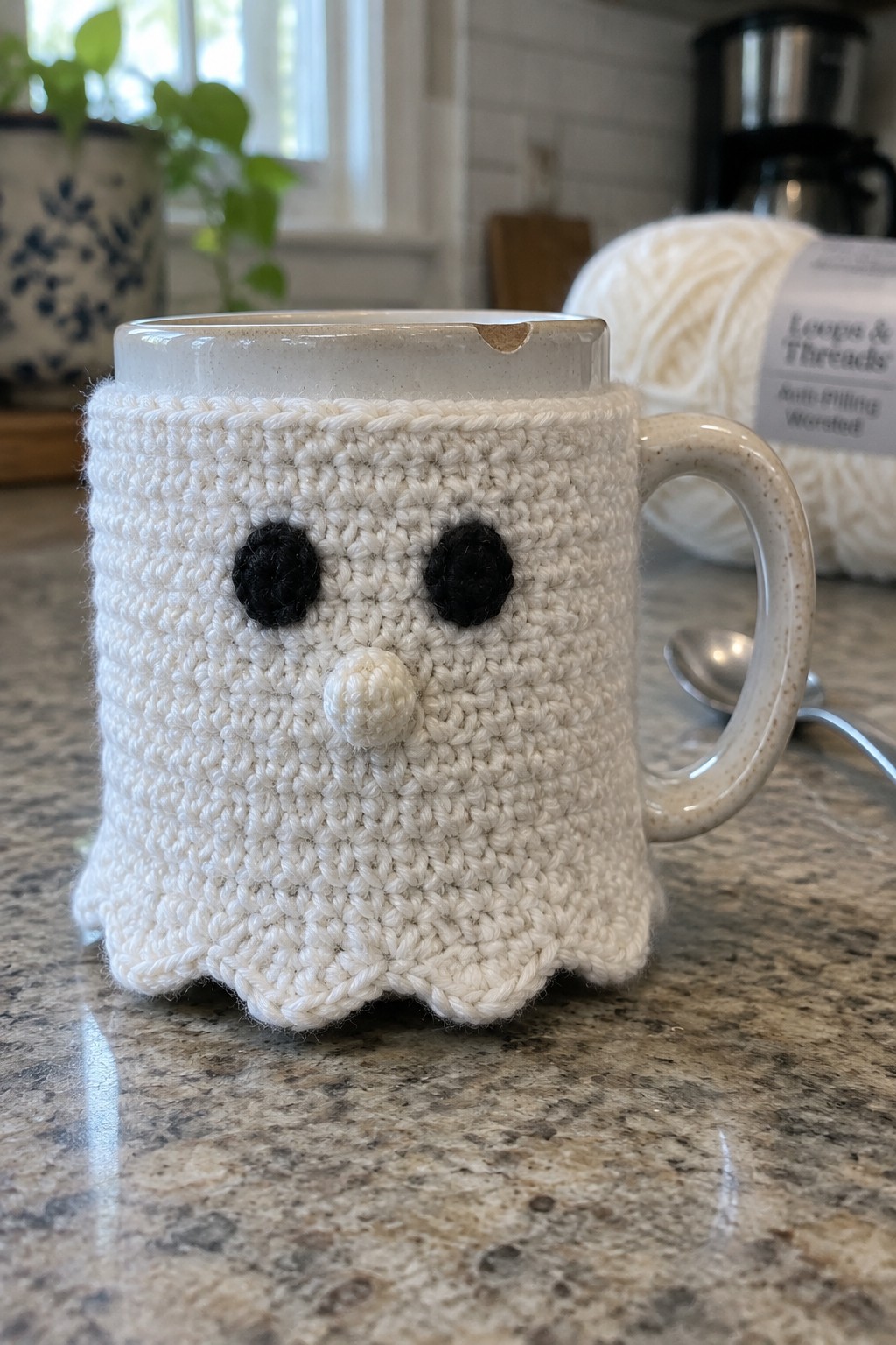 White crocheted ghost cozy with black eyes on ceramic mug