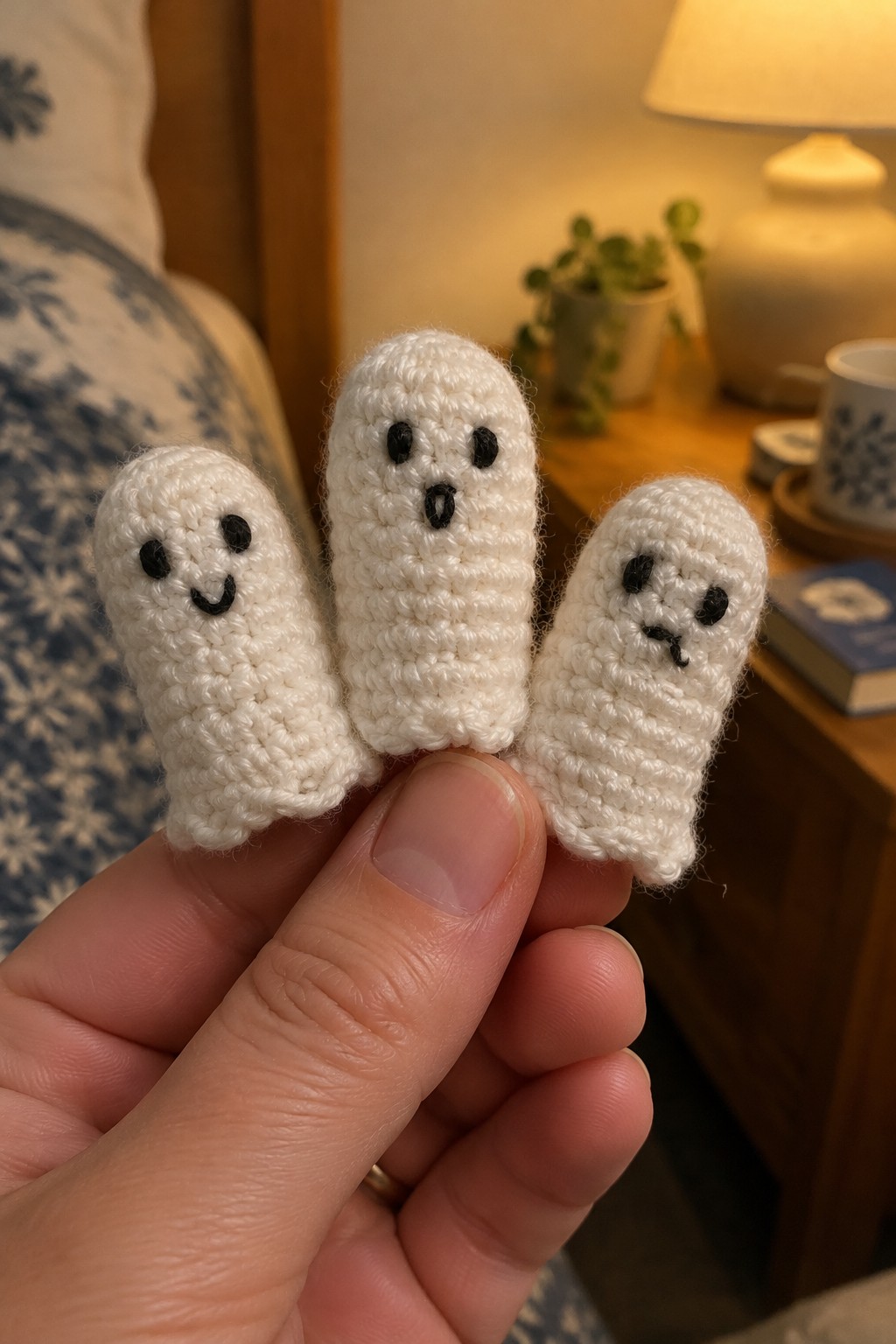 Three small white crocheted ghost figures with black embroidered faces held between fingers.