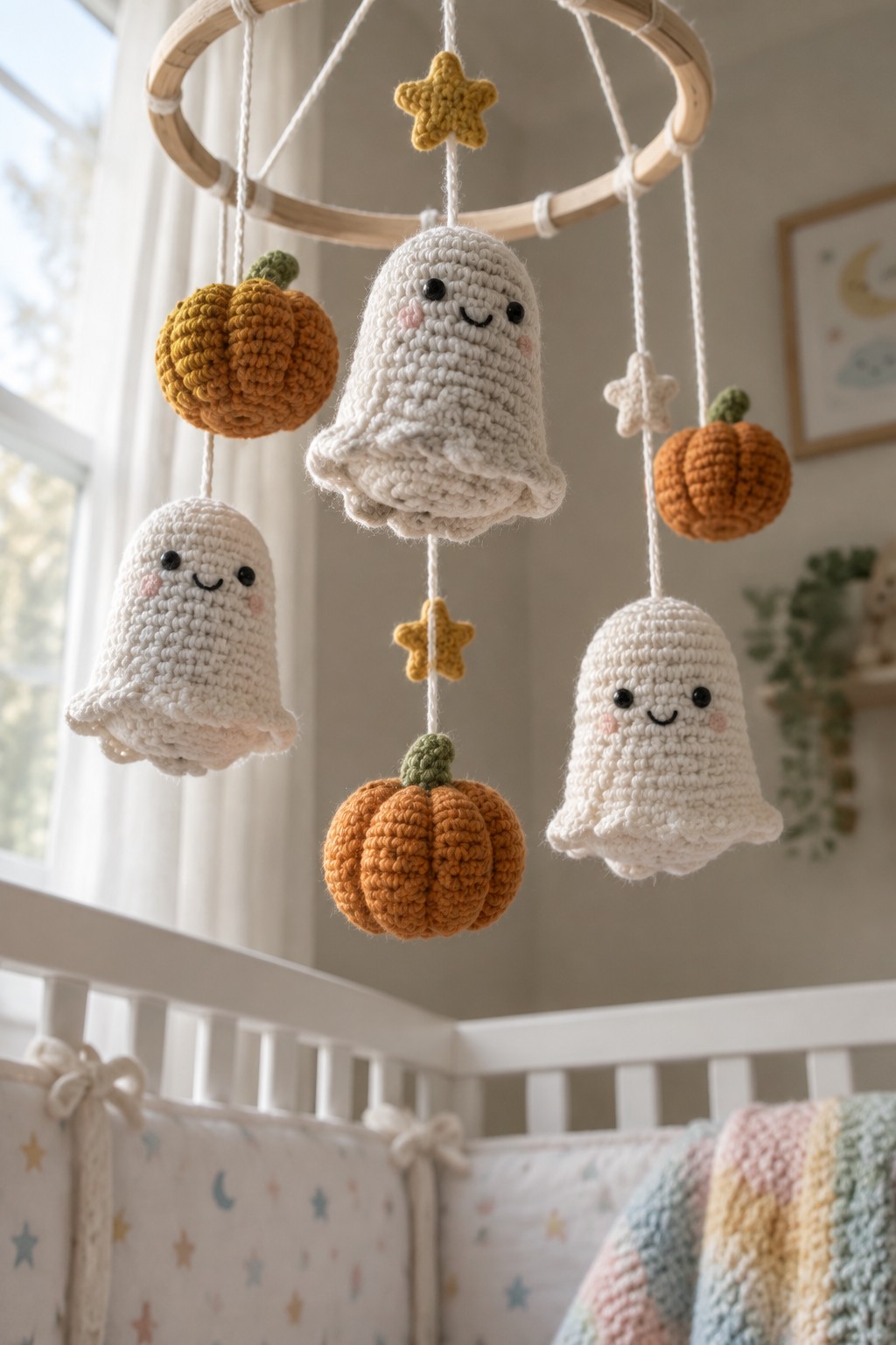 Crocheted ghosts, pumpkins, and stars on wooden mobile above white crib