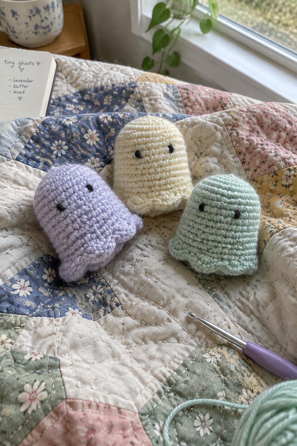 Three pastel crocheted ghosts on floral quilt with notebook, hook, and yarn.