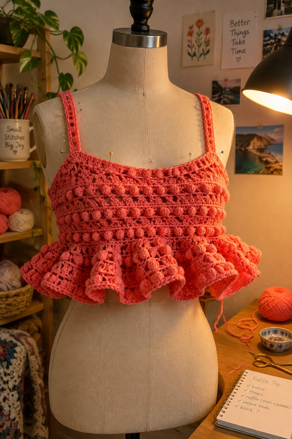 Mannequin displaying a coral-pink crocheted crop top with bobble texture, thin straps, and a wide flared ruffle hem in a craft room setting.