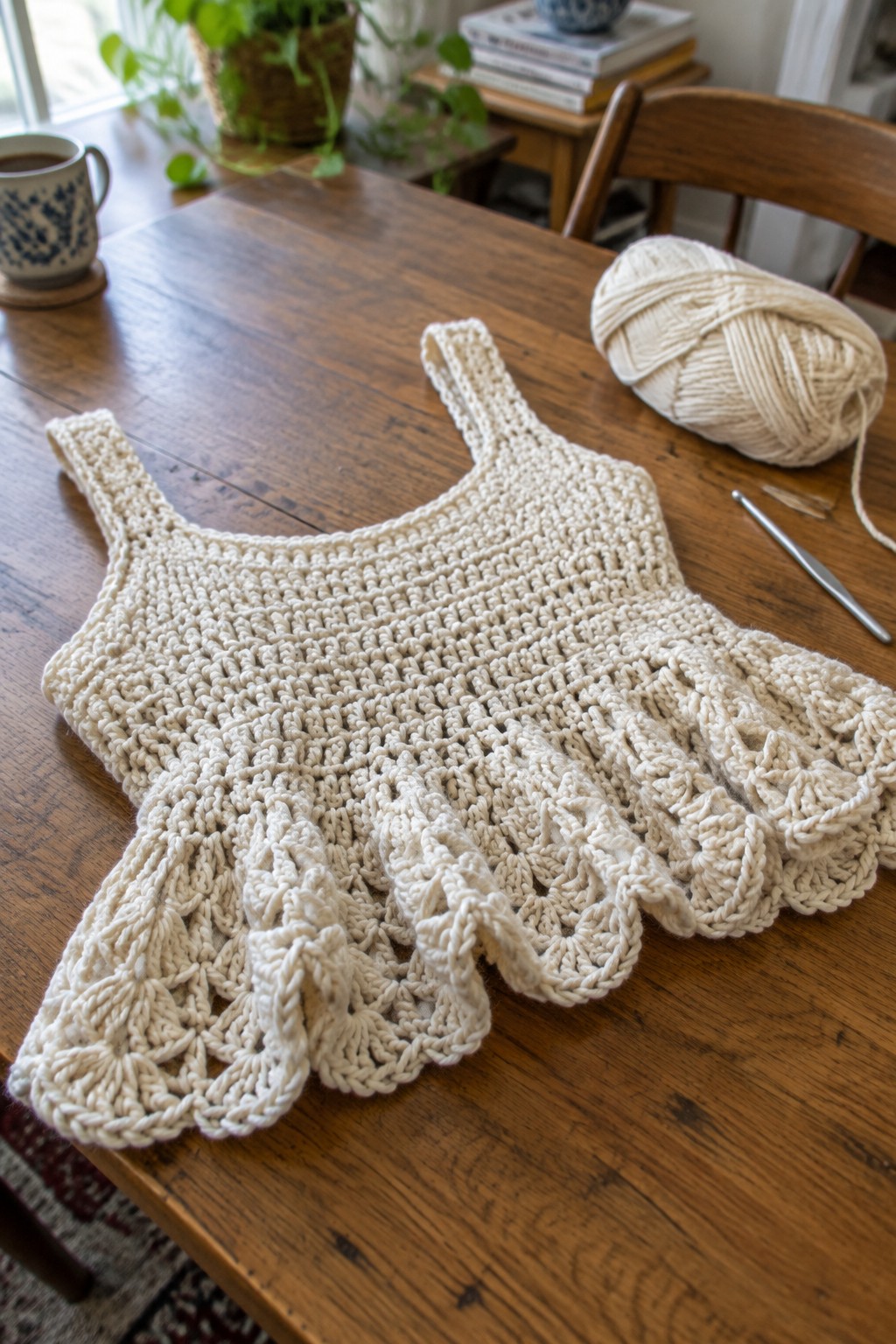 Cream crocheted ruffled top with yarn, hook, and mug on wooden table