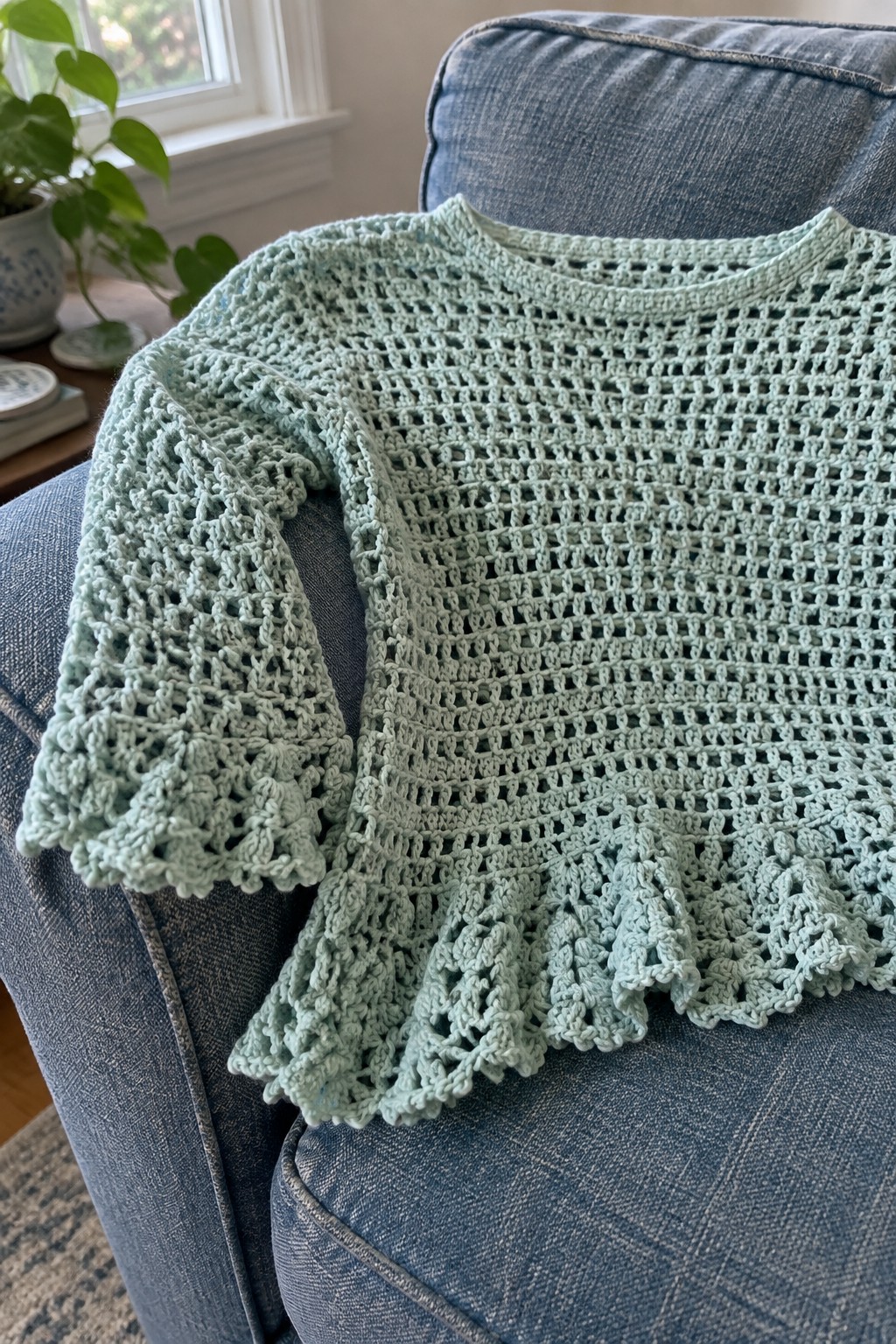 Mint green openwork crochet sweater with ruffles on blue denim couch