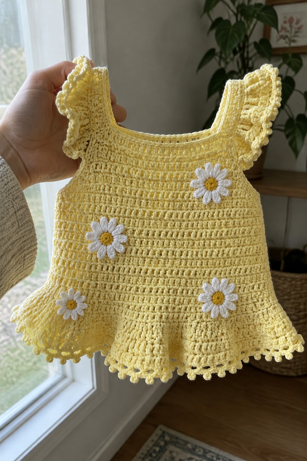Hand holds yellow crocheted baby dress with white daisies and ruffles.