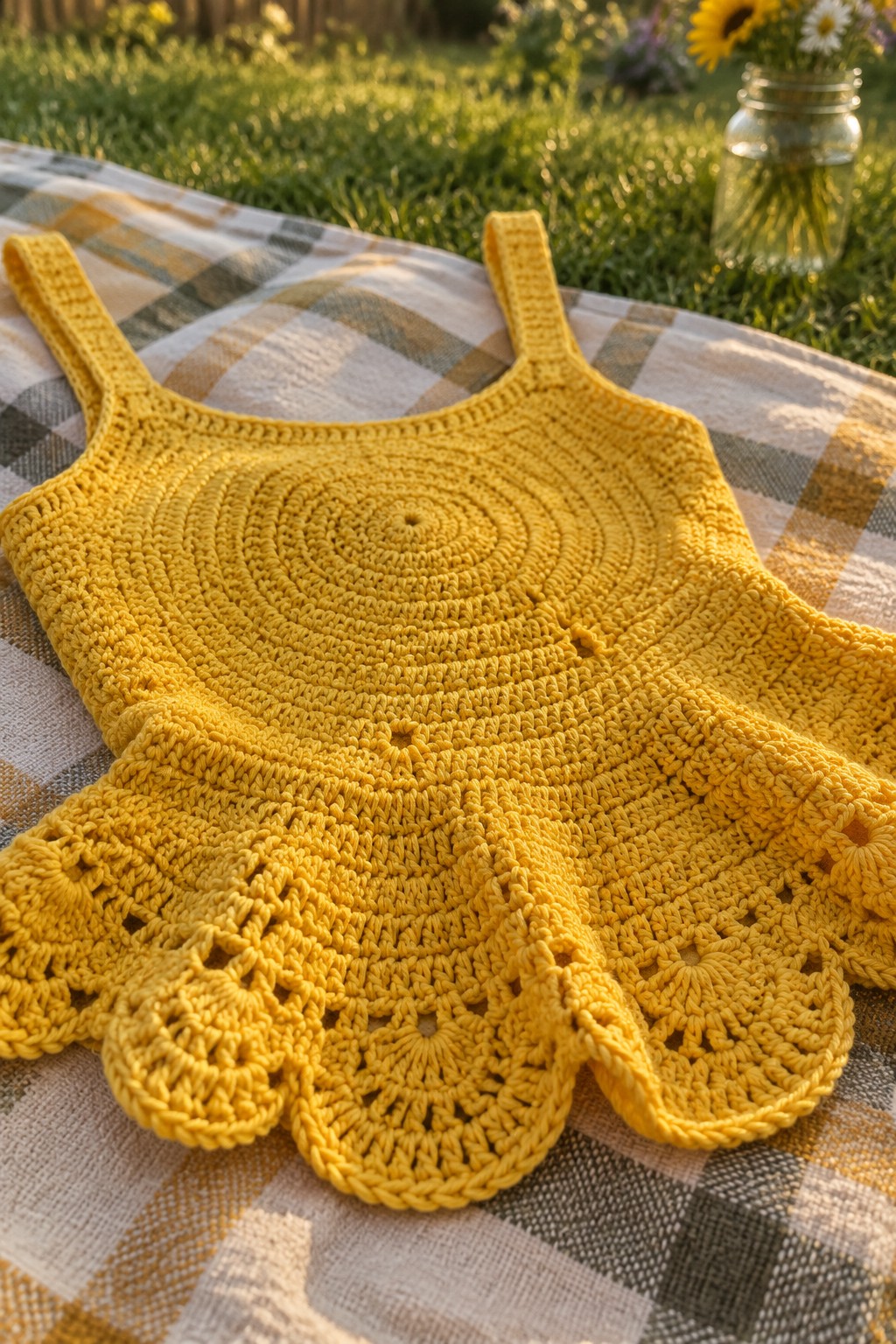 A yellow crocheted top with a spiral circular pattern and scalloped ruffled hem rests on a checkered picnic blanket outdoors.