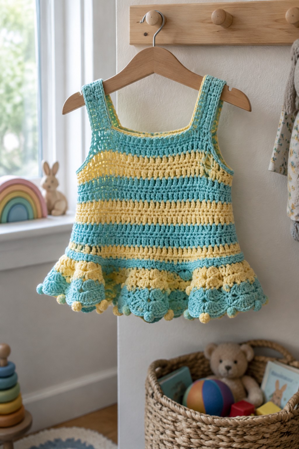 Crocheted turquoise and yellow striped child's dress on wooden hanger in nursery