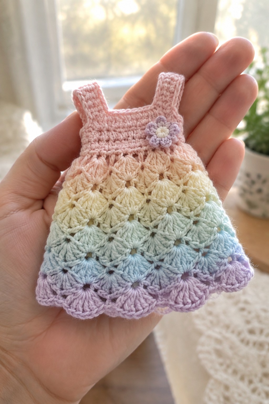 Hand holding miniature rainbow crocheted doll dress with flower accent