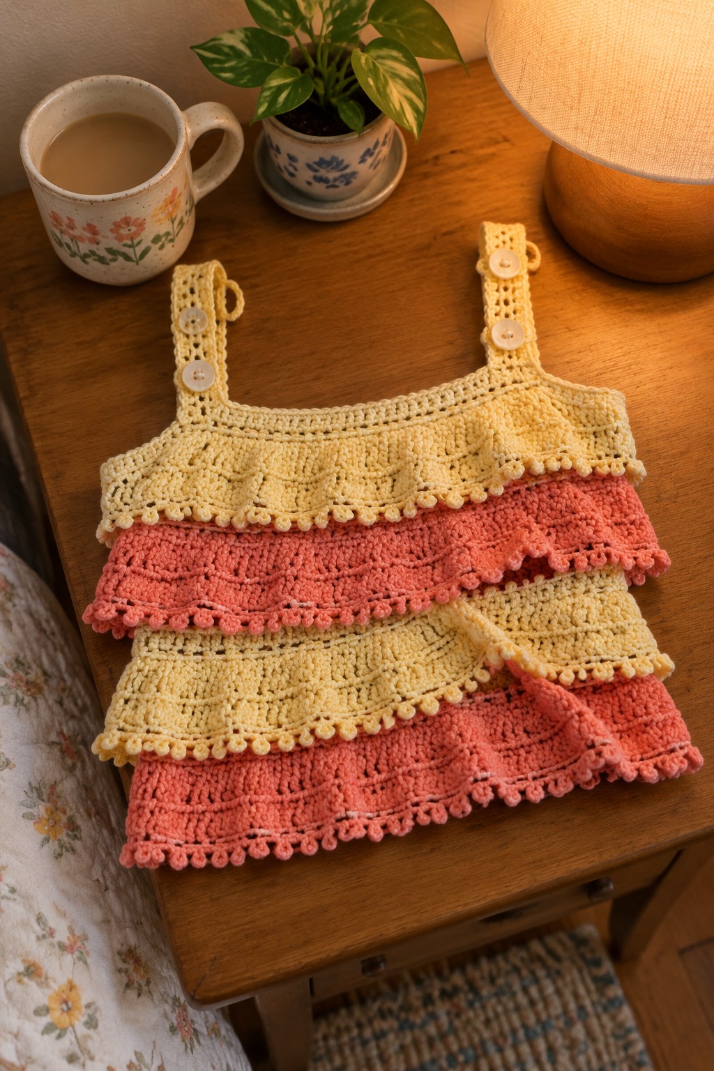 Yellow and pink crocheted ruffled top on wooden table with mug and plant