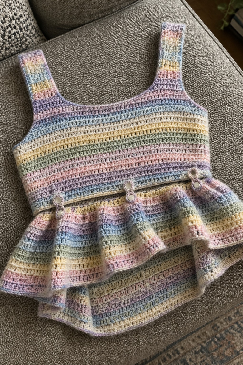 Pastel rainbow striped crochet tank top with ruffled hem on gray couch
