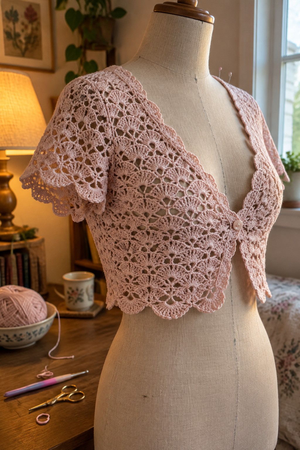 Pink crocheted lace bolero on mannequin with yarn, hook, and scissors nearby
