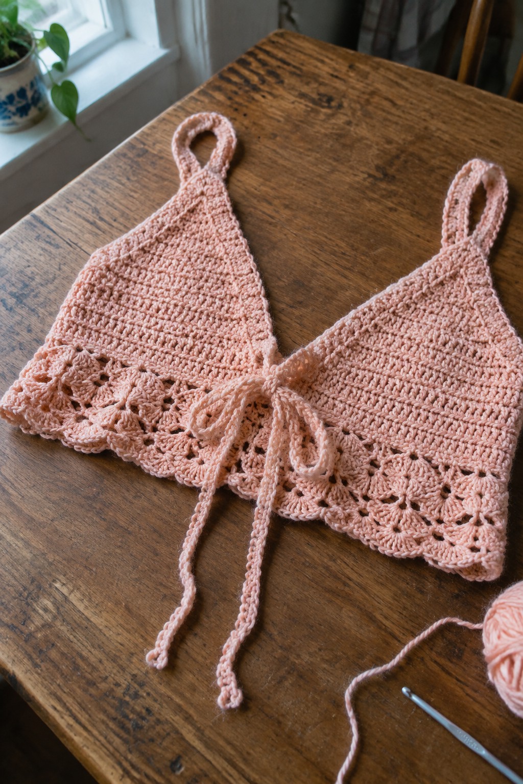 Pink crocheted bralette with lace hem and ties on wooden table beside yarn and hook
