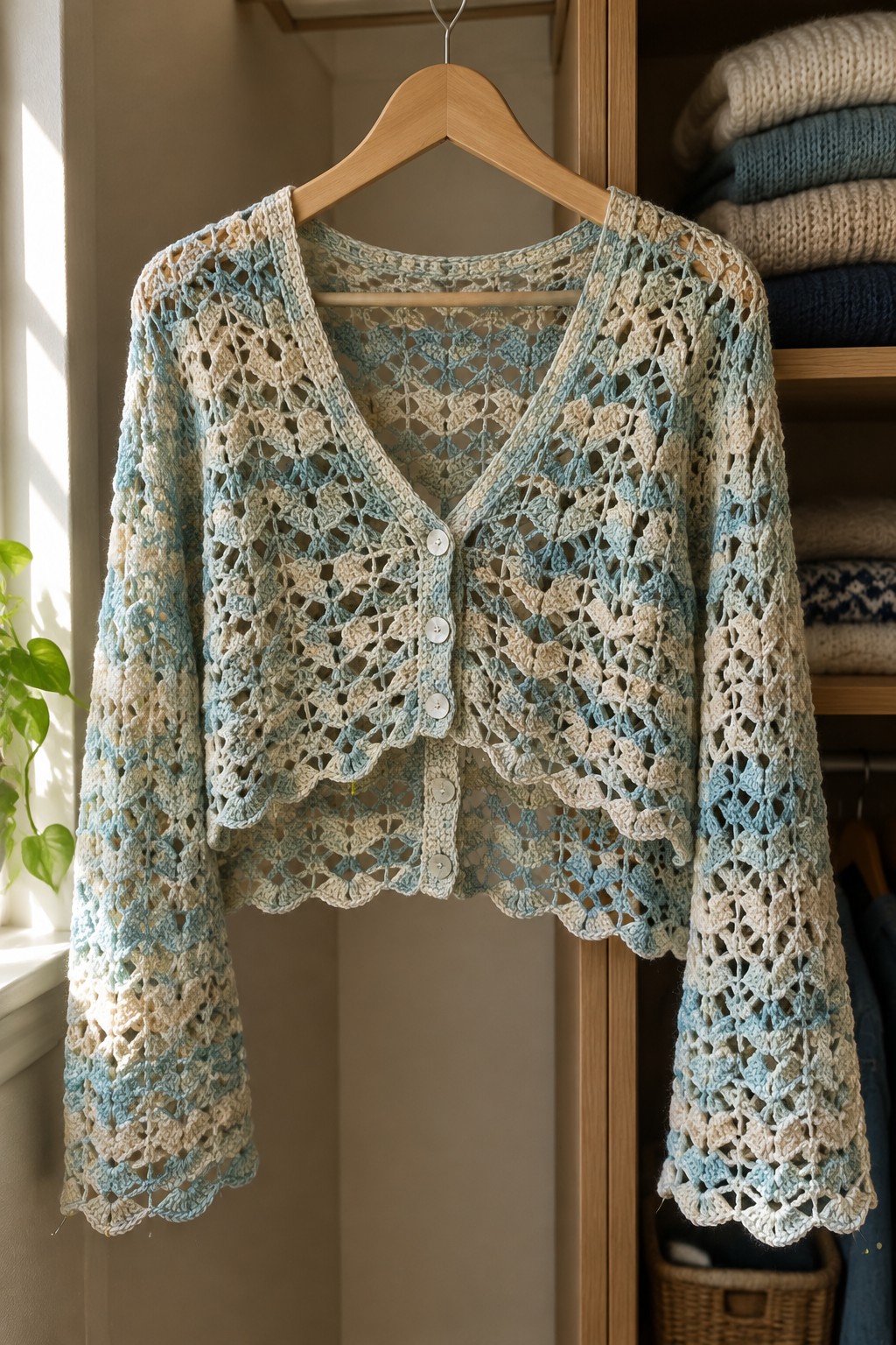 Ombre blue and beige lace crochet cardigan on wooden hanger in closet