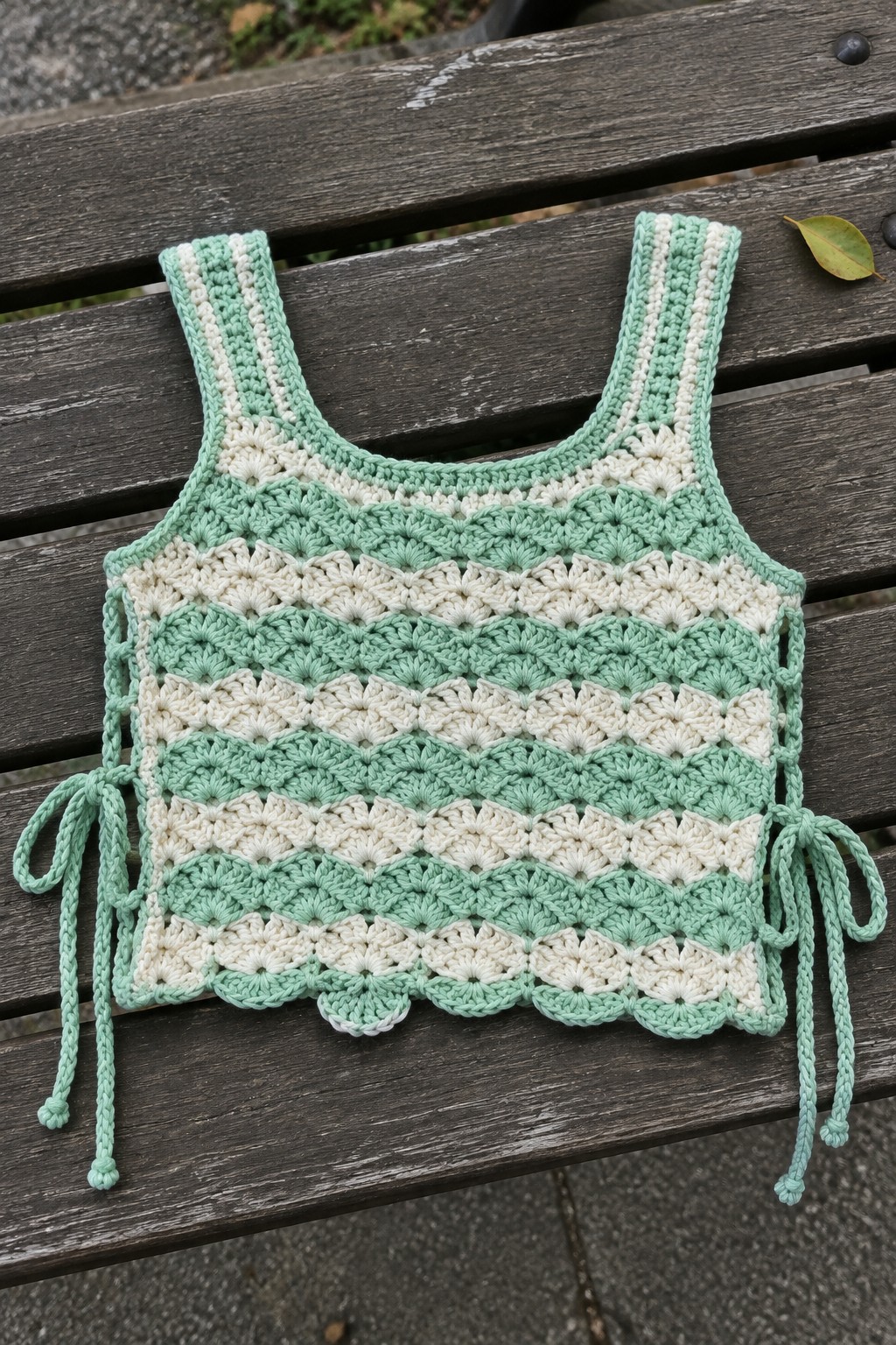 Striped mint green and white crochet tank top with ties on wooden bench.