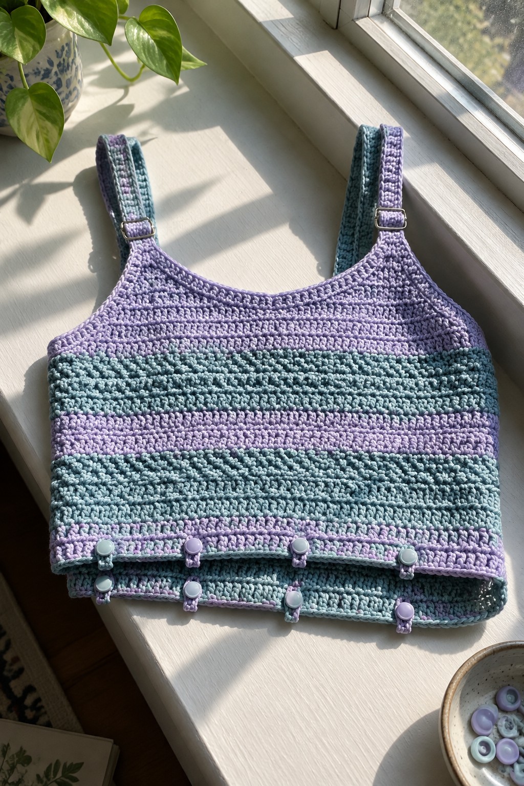 A purple and teal striped crochet crop top with snap buttons along the bottom hem and adjustable straps rests on a white windowsill.