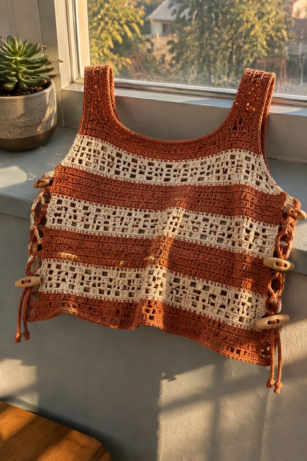 Orange and cream striped crochet tank top with side buttons on windowsill beside plant.