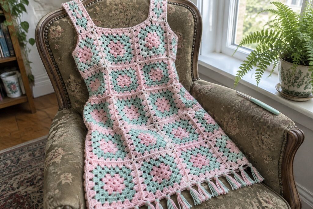 Pink and green granny square crochet dress with tassels on green armchair