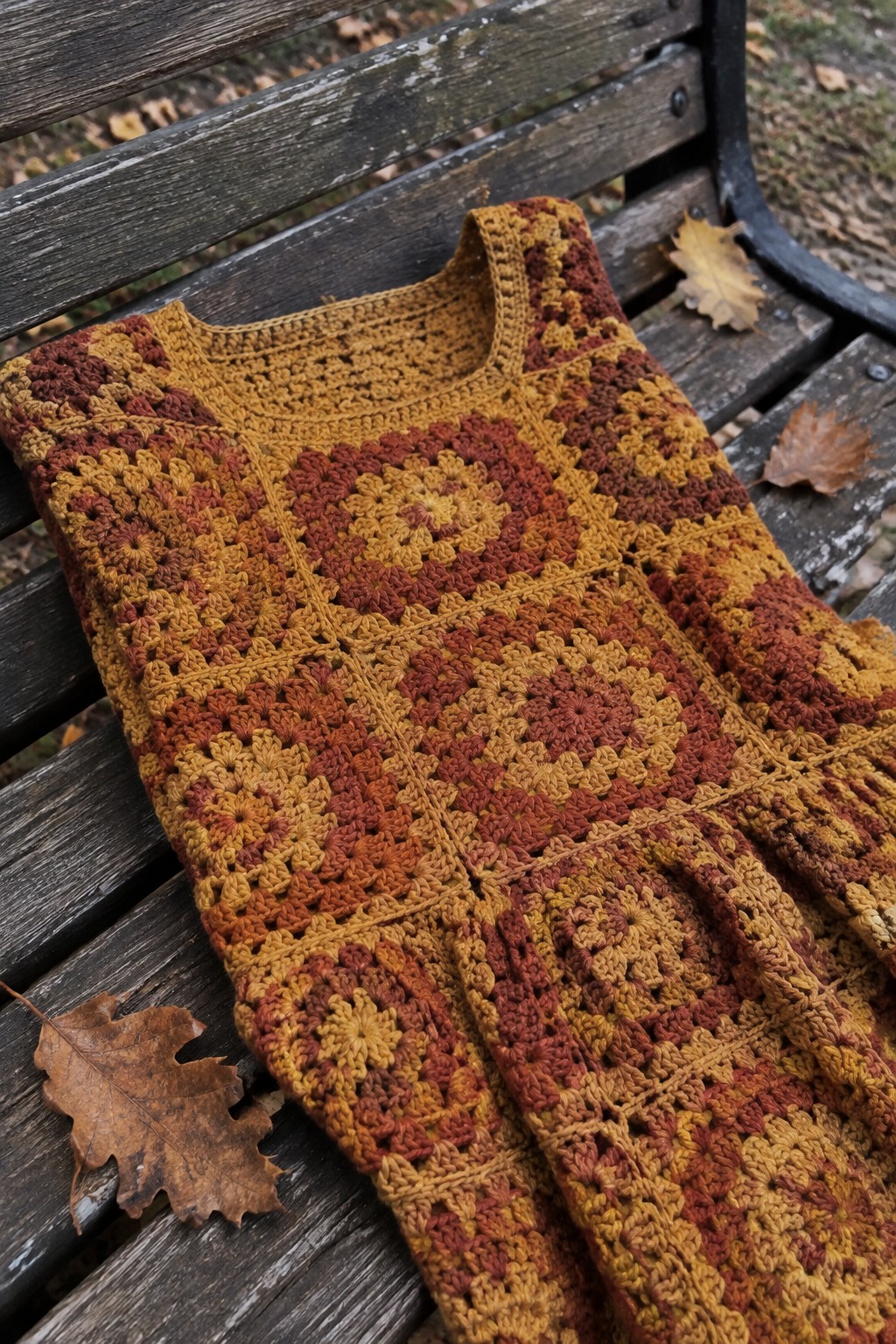 Crocheted granny square dress in autumn tones on wooden bench with fallen leaves