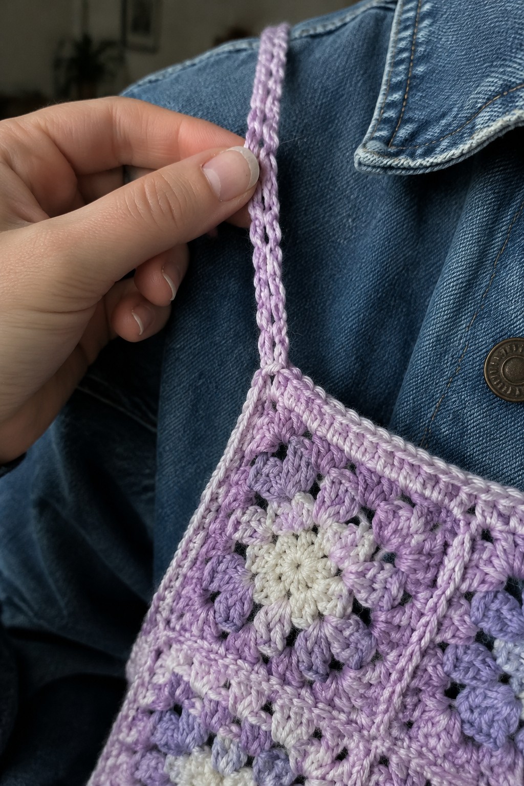 Hand holding purple crocheted strap of granny square bag on denim jacket.
