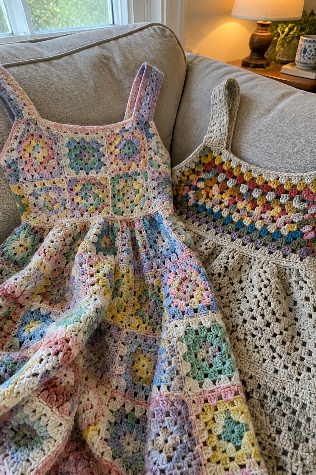 Two colorful granny square crochet dresses on a beige couch.