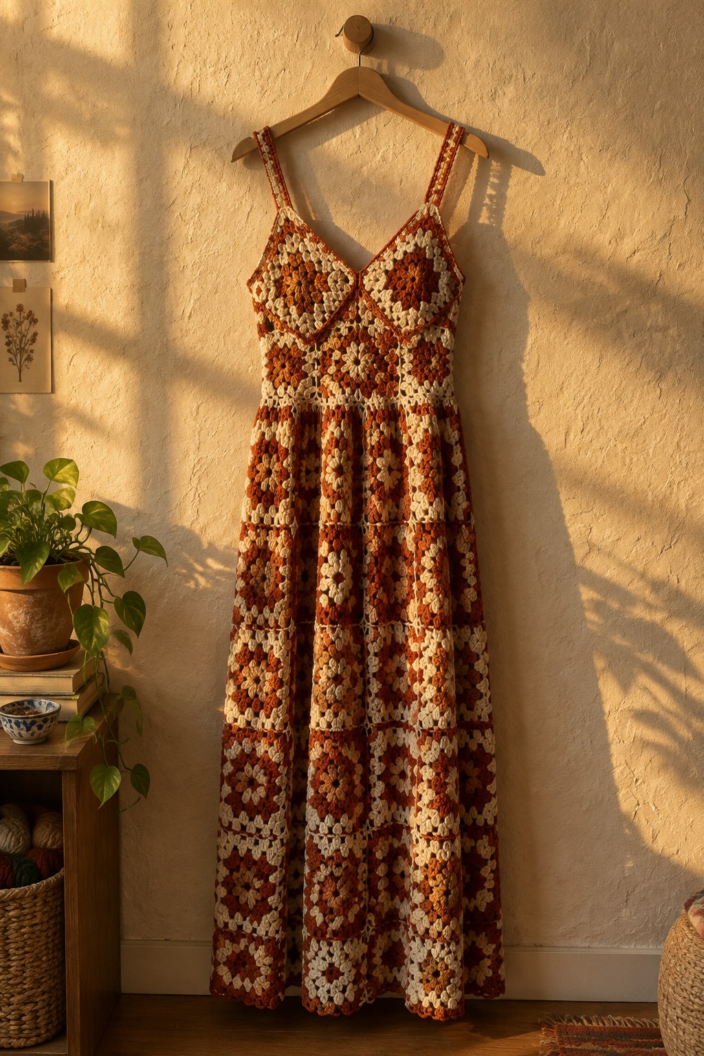 Crocheted granny square maxi dress in rust and cream hanging on wooden hanger.