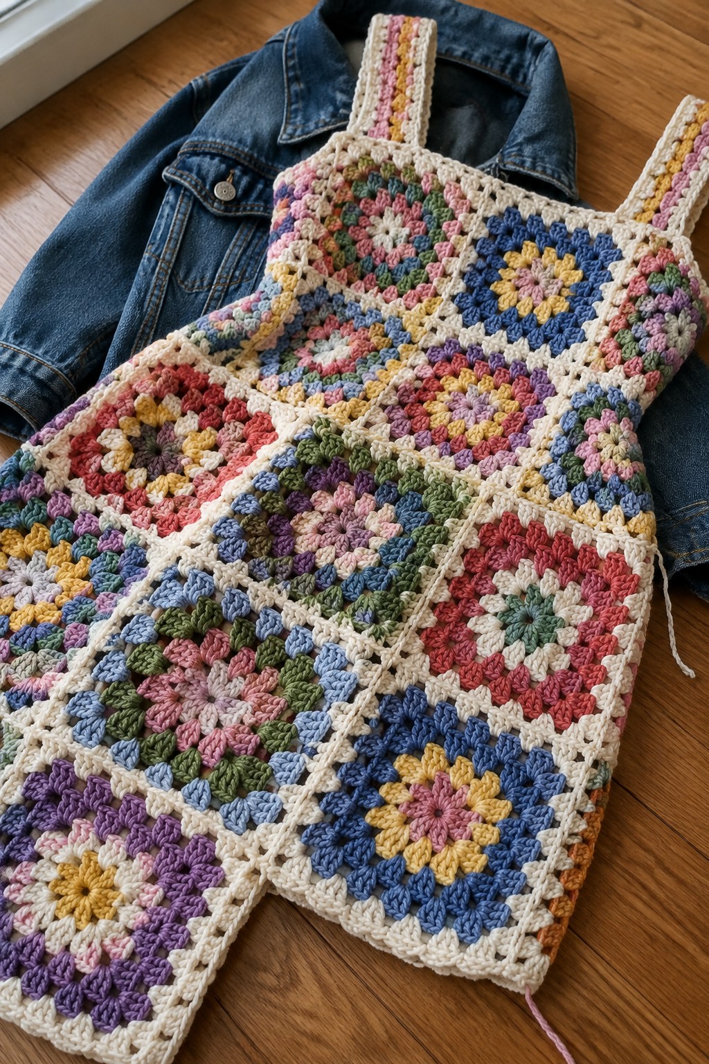 Colorful granny square crochet romper over blue denim jacket on wooden floor