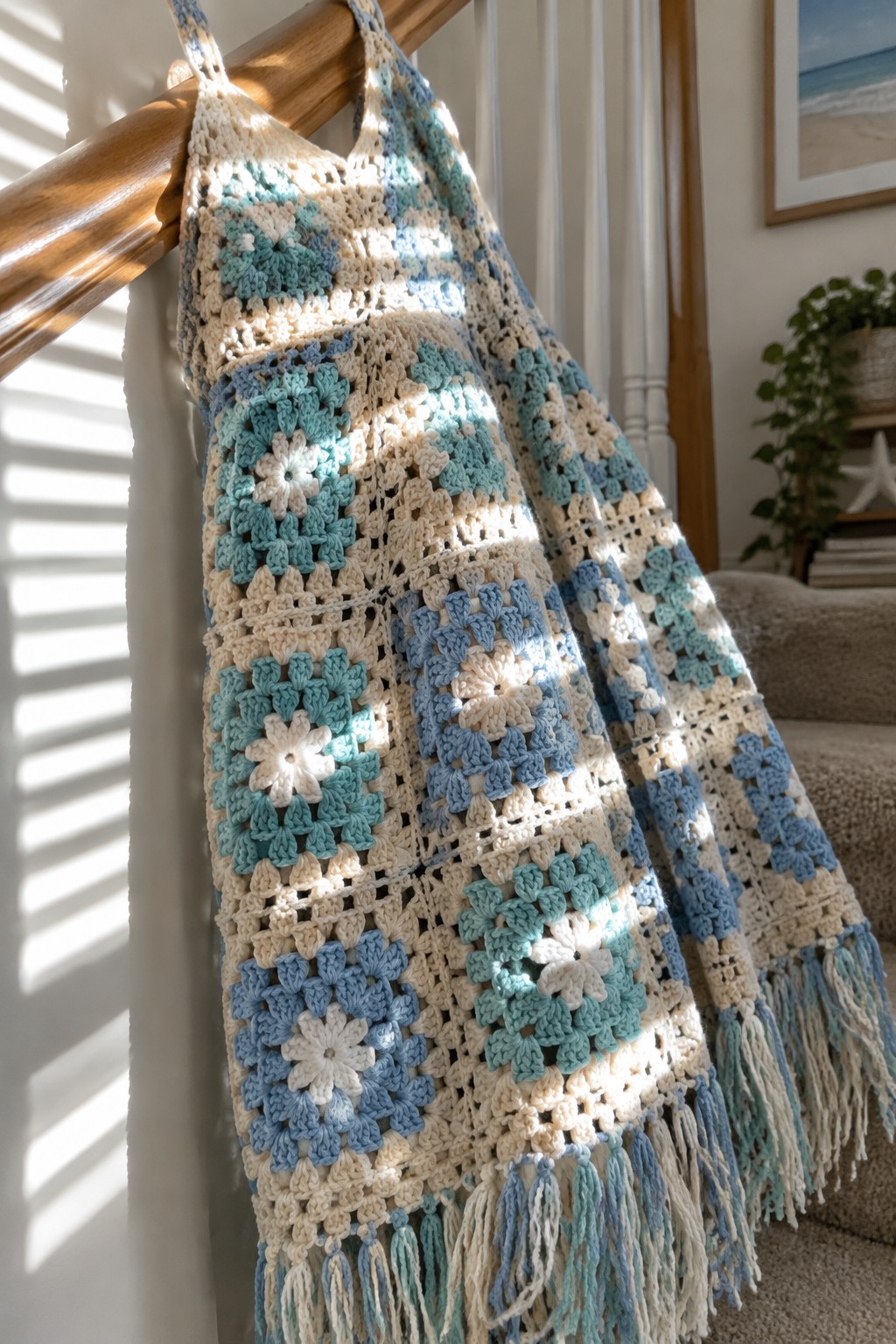 Crocheted granny square dress in blues and beige with fringe on wooden railing.