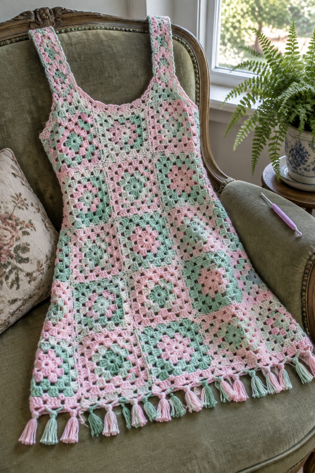 Pink and green granny square crochet dress with tassels on green armchair