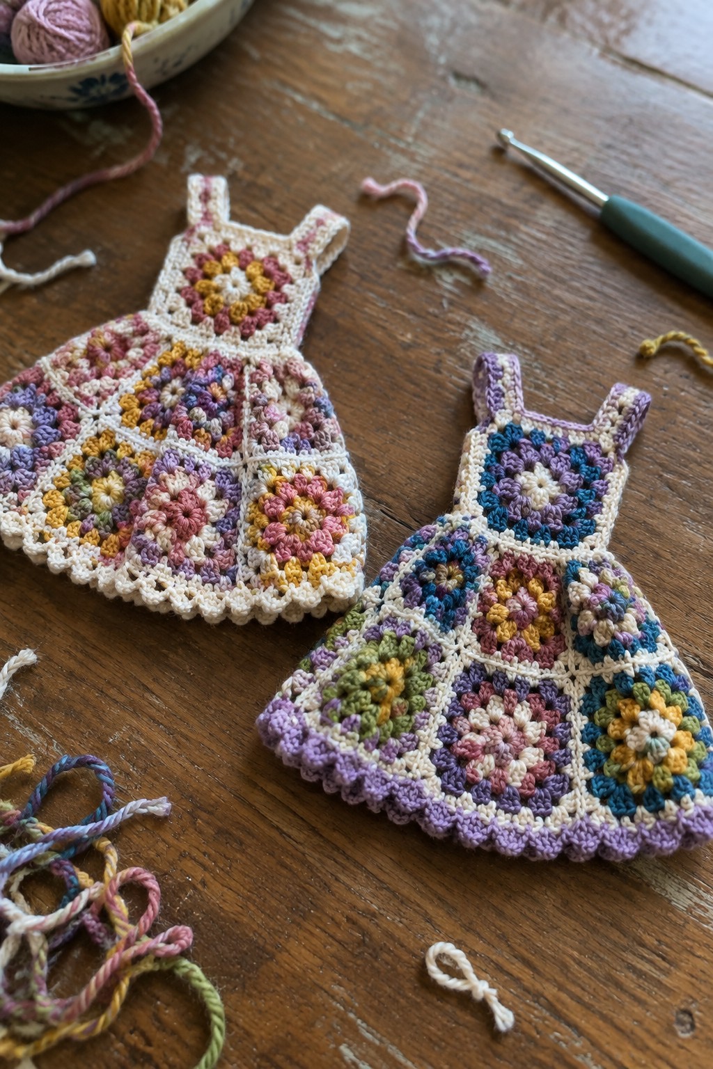 Two pastel granny square crochet dresses with hook and yarns on wood table
