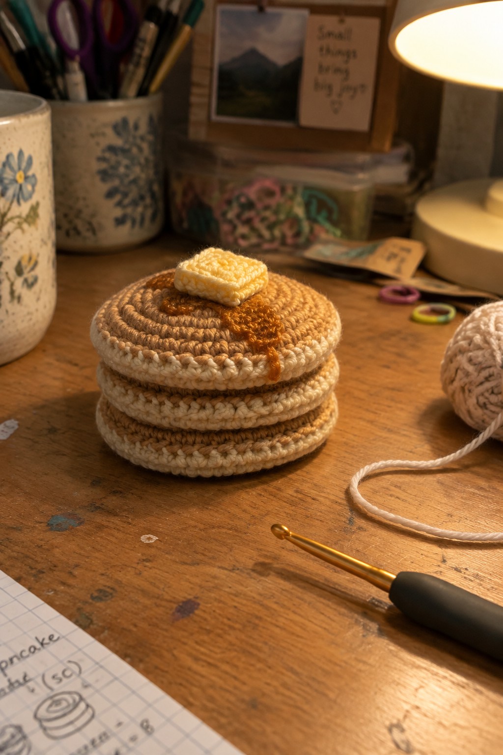 Crocheted pancake stack with butter and syrup beside crochet hook on desk