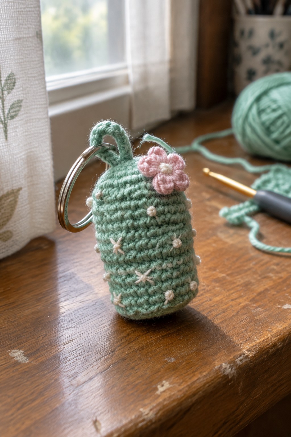 Mint green crocheted keychain with pink flower and white dots on wooden table