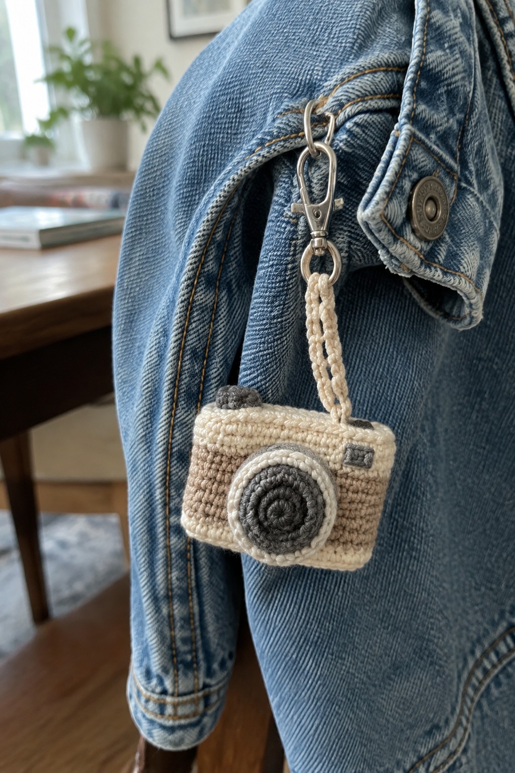 Crocheted beige camera keychain clipped to blue denim jacket with metal clasp.
