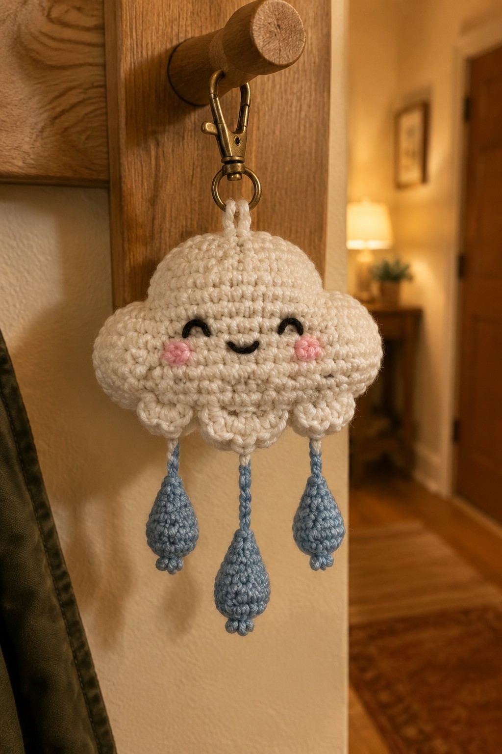 Crocheted white cloud keychain with smiling face and blue raindrop tassels on wooden hook