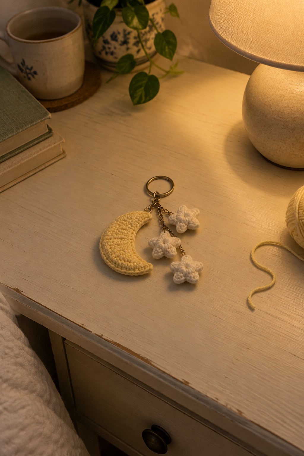 Crocheted yellow crescent moon keychain with white star charms on wooden nightstand