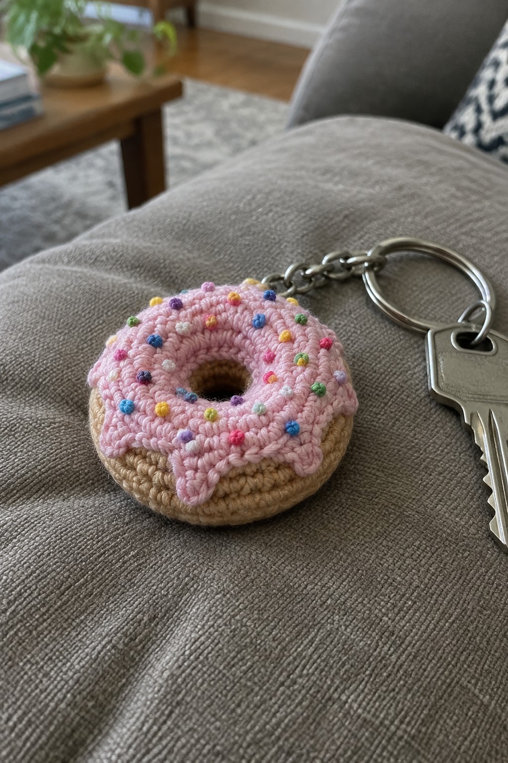 Pink crocheted donut keychain with colorful sprinkles on gray fabric beside keys