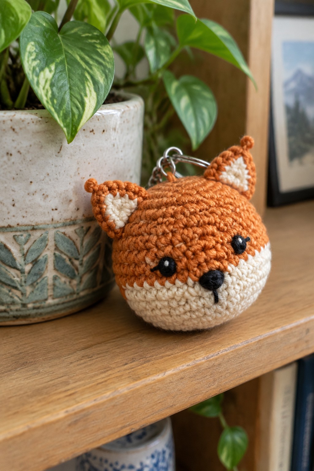 A crocheted orange and white fox keychain with black eyes and nose resting on a wooden shelf next to a potted plant.