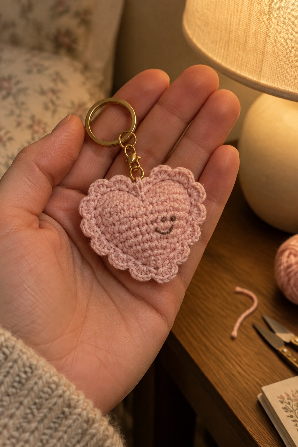 A hand holds a pink crocheted heart keychain with a smiley face and gold keyring.