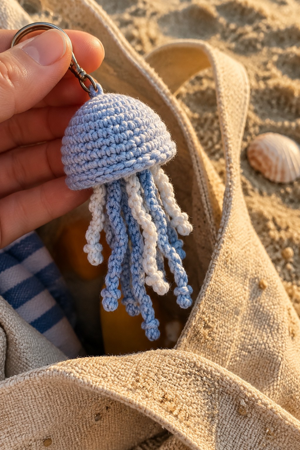Hand holding light blue crocheted jellyfish keychain on sandy beach near tote bag.