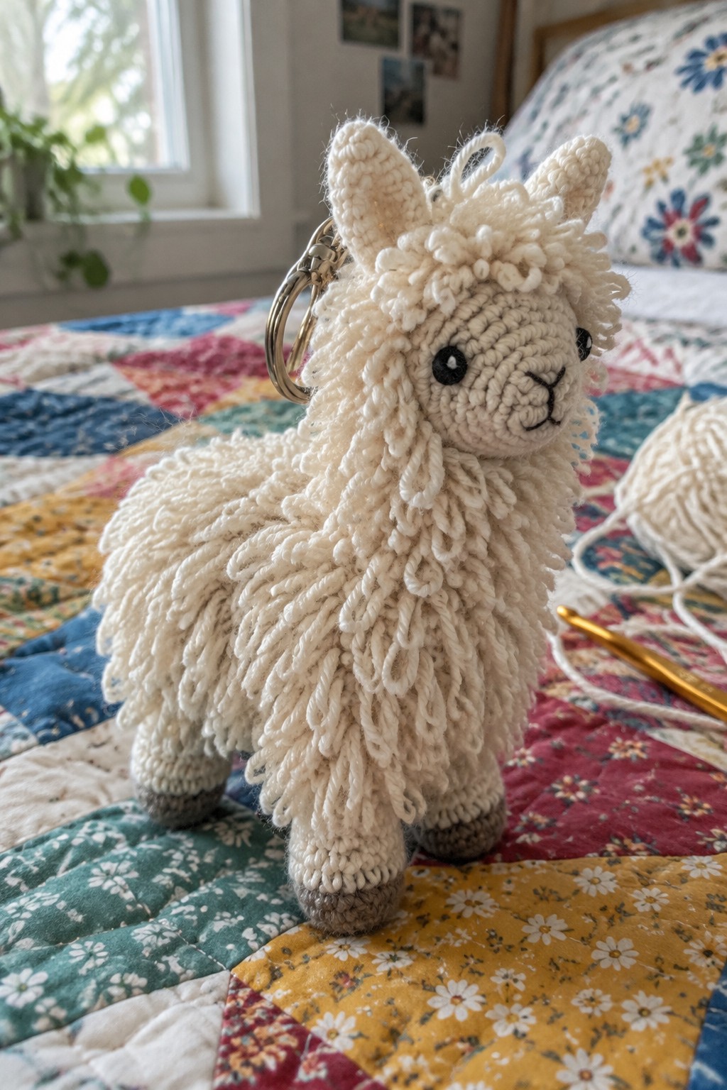 Crocheted white llama keychain with metal ring on colorful patchwork quilt